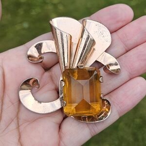 Vintage Sterling Silver Citrine Color Glass Gemstone Brooch 2" x 1.5"